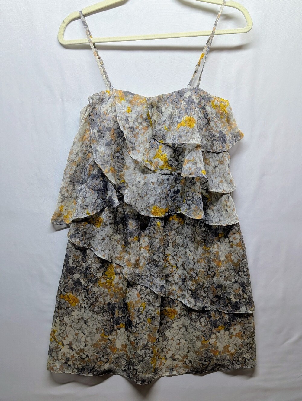 681-MM Couture By Miss Me Gray and Yellow Floral Ruffle Strapless Dressmm